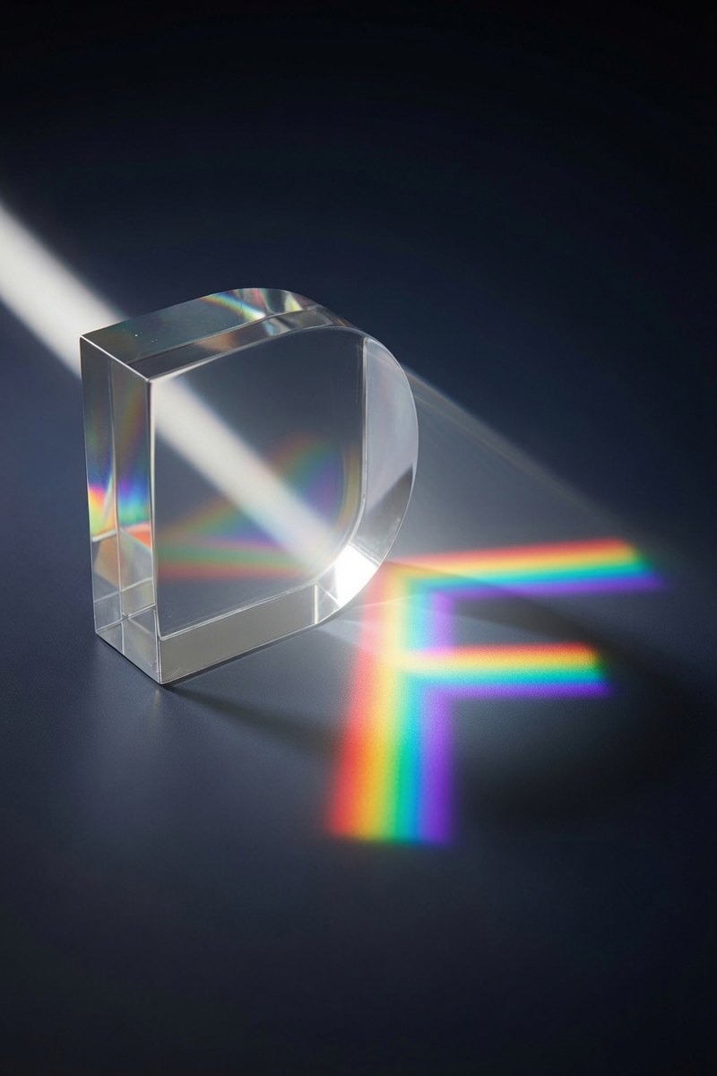 A glass prism catching a beam of white light and splitting it into a rainbow that falls as the letter F, beside the prism's own D-shaped silhouette.